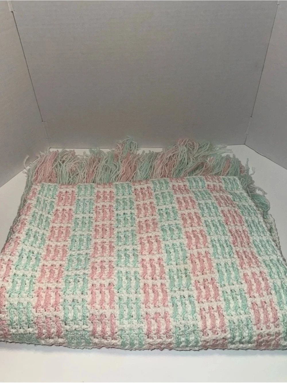 Baby Blanket 57x34 Pink Mint Green White Fringe Afghan Handmade